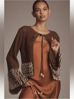 Anthropologie Ollari NWT M/L shell embellished hand beaded 100% cotton cardigan